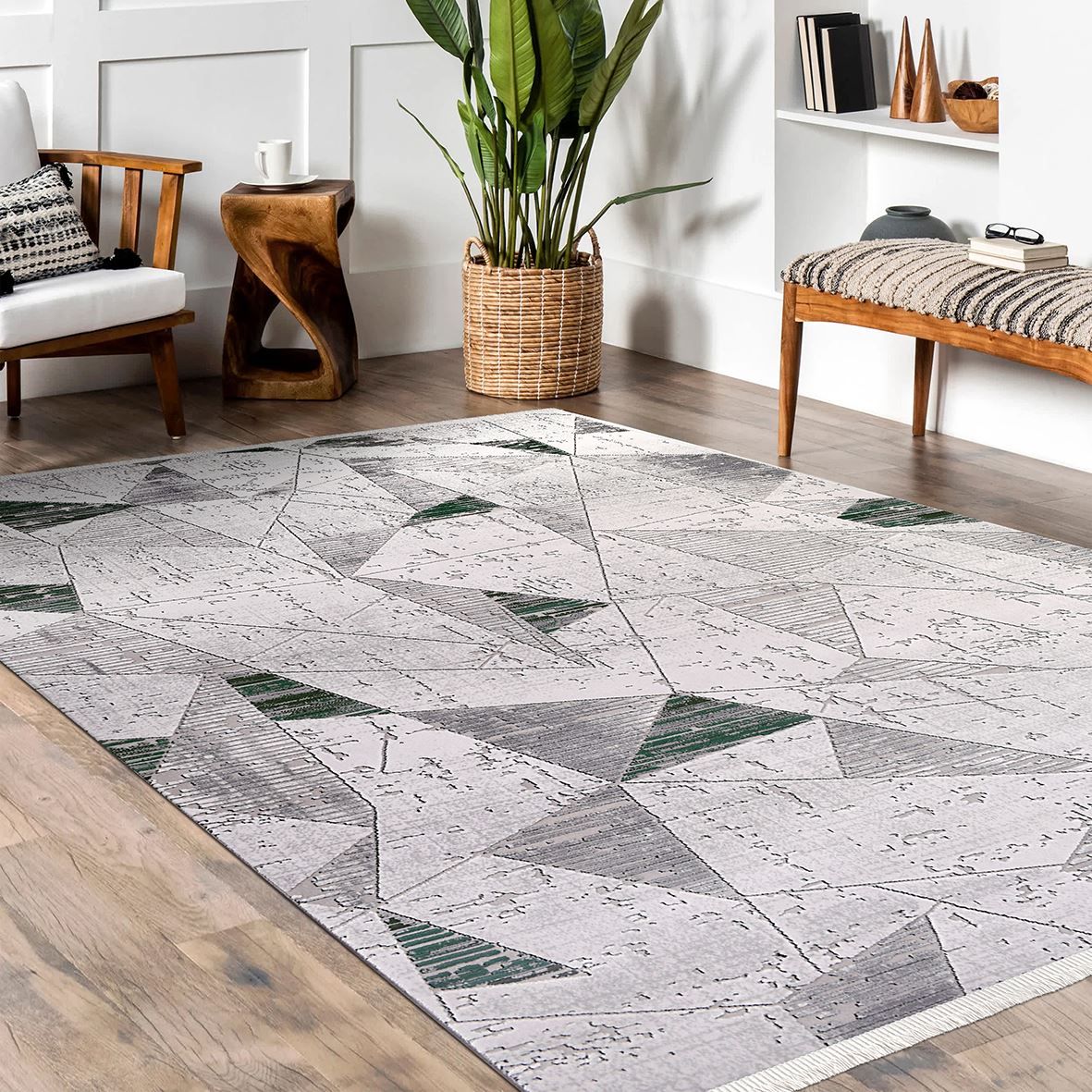 Grey Geometric Area Rug - Machine Made Rug With Acrylic Yarn & Cotton Weft