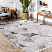 Grey Geometric Area Rug - Machine Made Rug With Acrylic Yarn & Cotton Weft