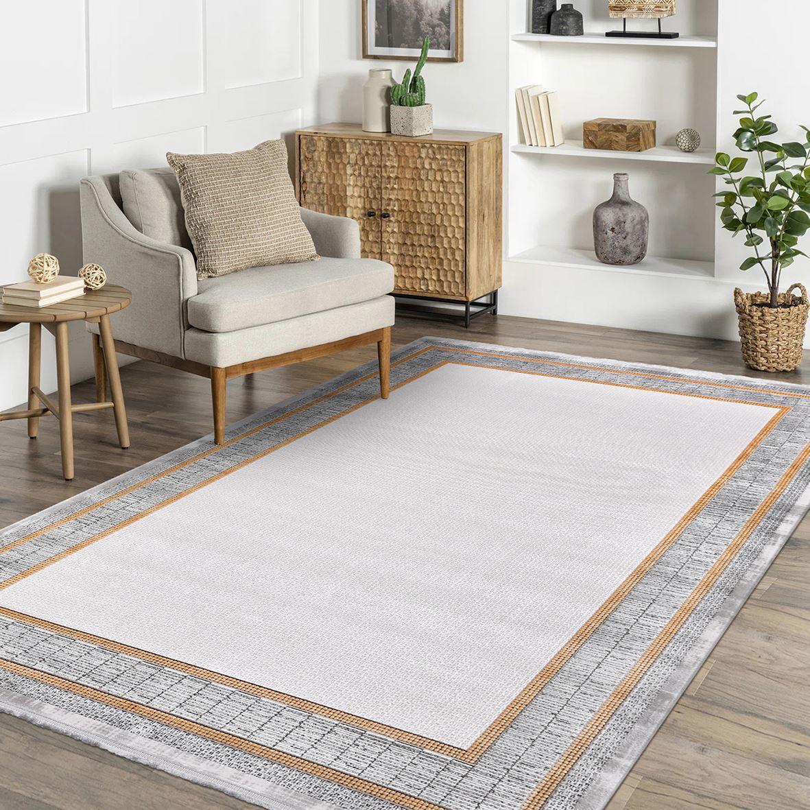 Grey Area Rug – Machine Made Frame Design Rug With 8mm Pile Height & Overlocked Edge