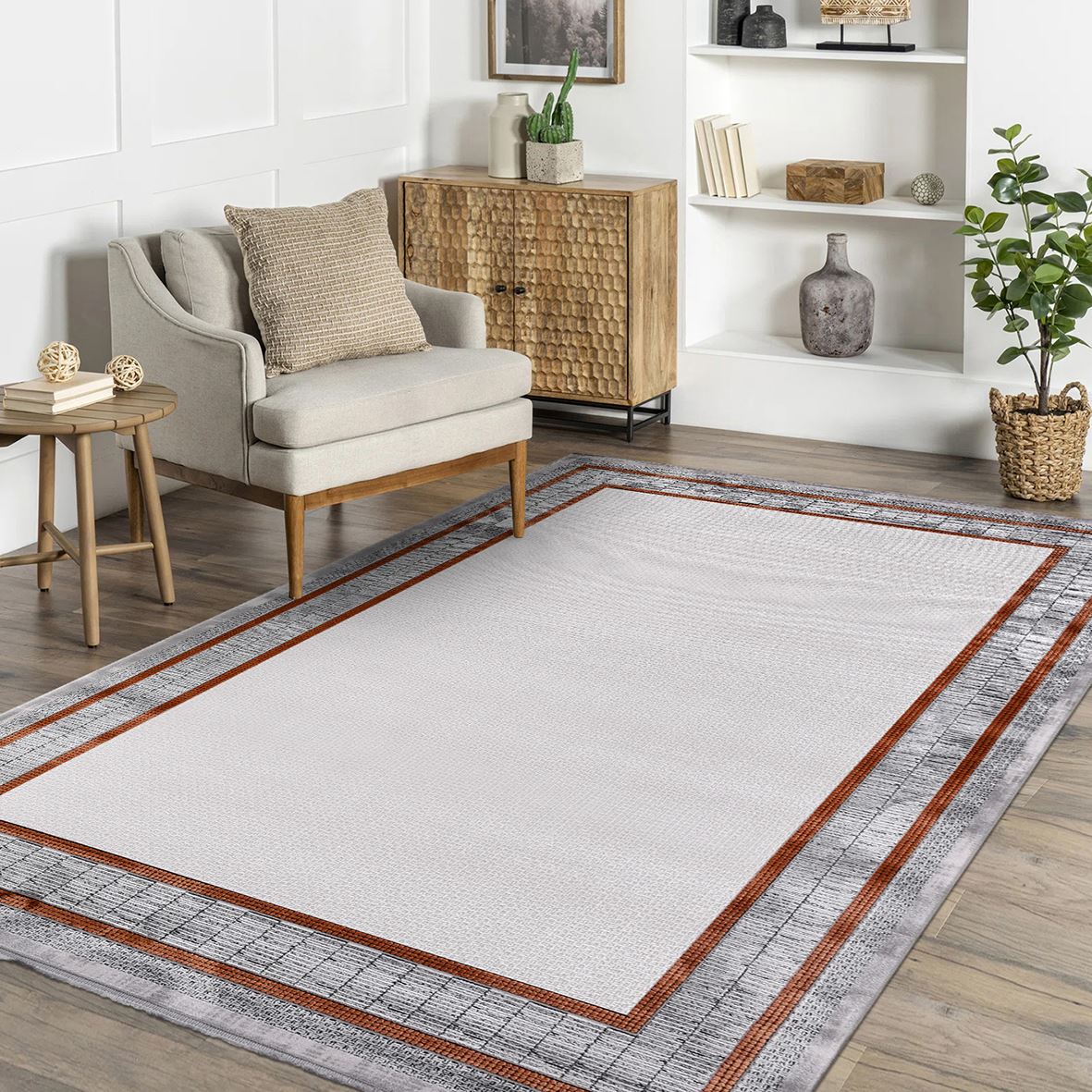 Grey Area Rug - Machine Made Rug with Frame Design Carpet | Soft Pile Carpet