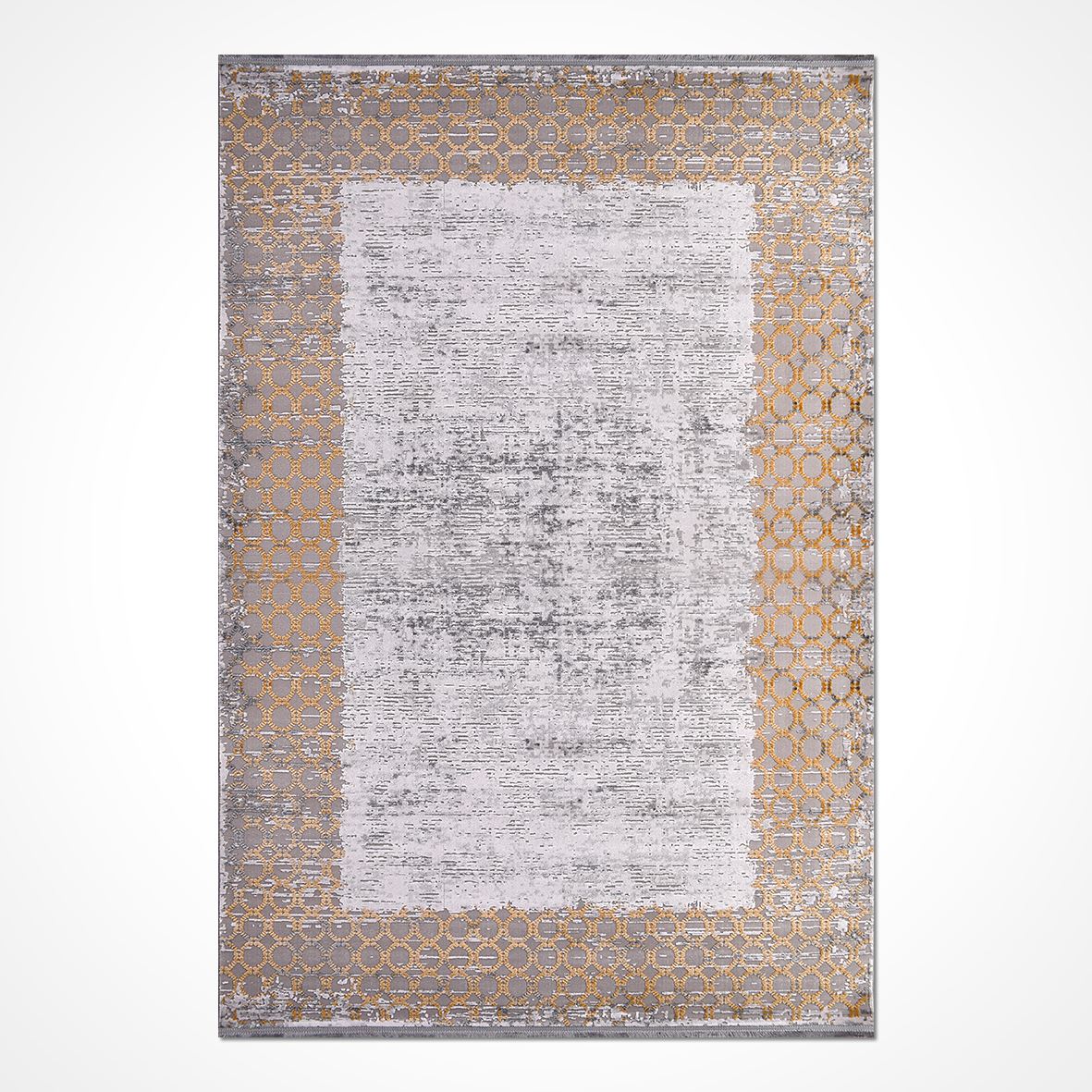 Machine Made Area Rug – Grey Beige Frame Design, Low Pile Washable Rug
