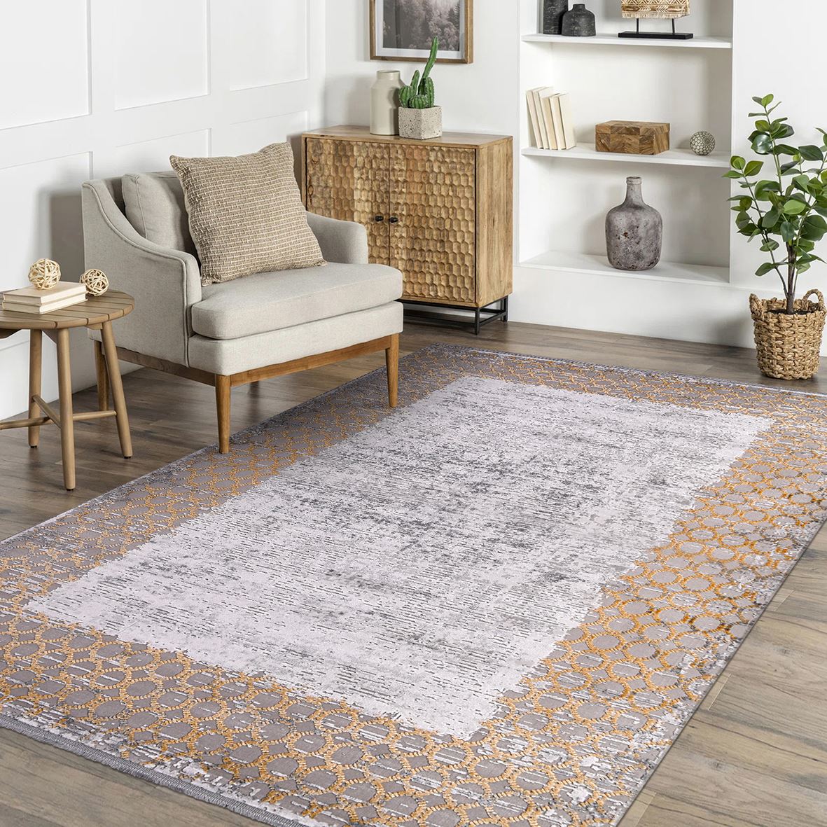 Machine Made Area Rug – Grey Beige Frame Design, Low Pile Washable Rug