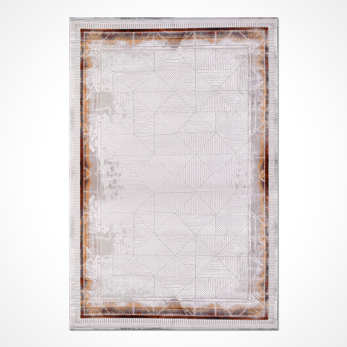 Machine Made Area Rug - Grey Beige Geometric Frame Rug with Overlocked Edge