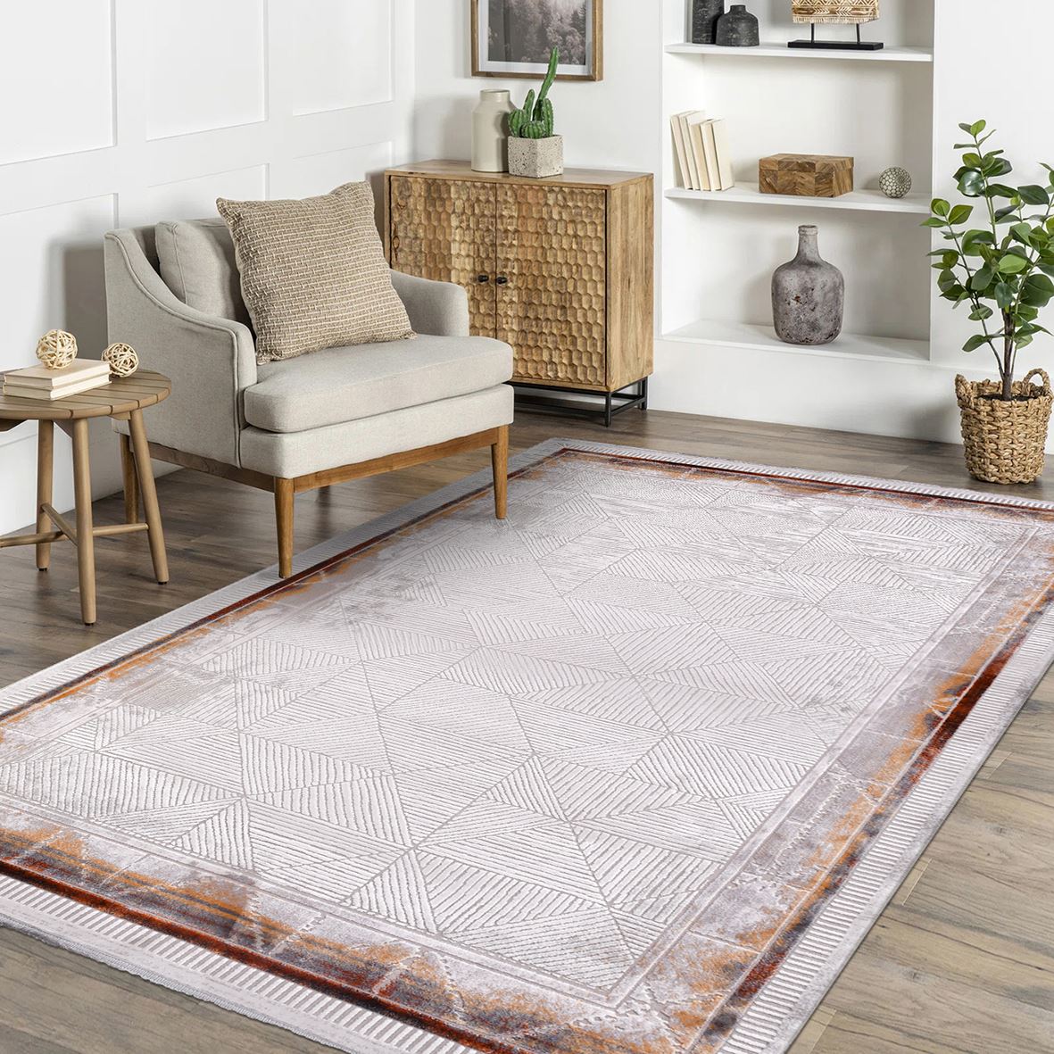 Machine Made Area Rug - Grey Beige Geometric Frame Rug with Overlocked Edge