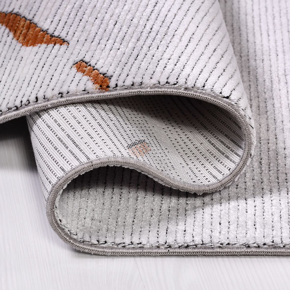 Machine Made Area Rug - Grey Brown Striped Durable Floor Covering with Overlocked Edge