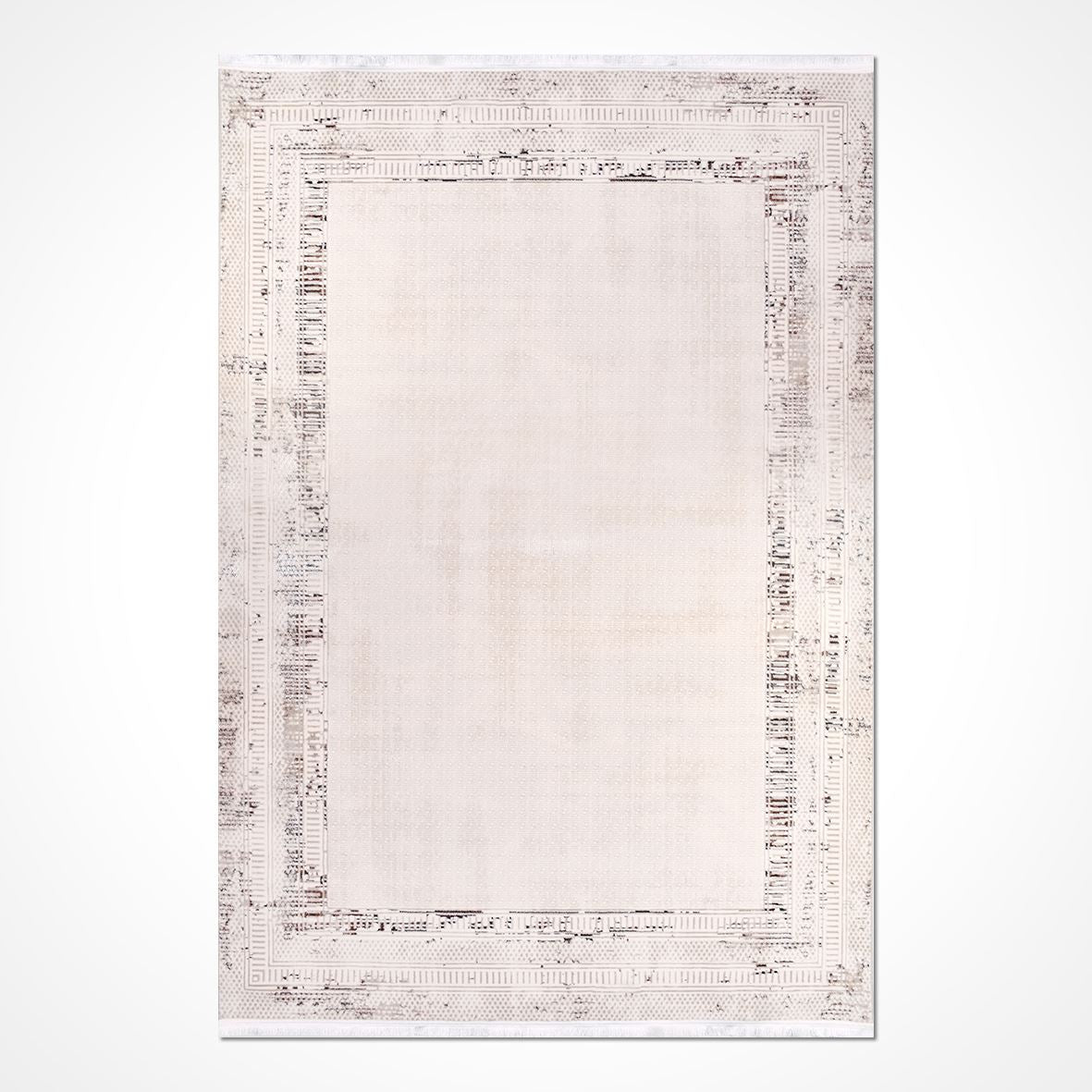 Cream Area Rug - Machine Made Rug With Frame Design | 6mm Pile Polyester Carpet