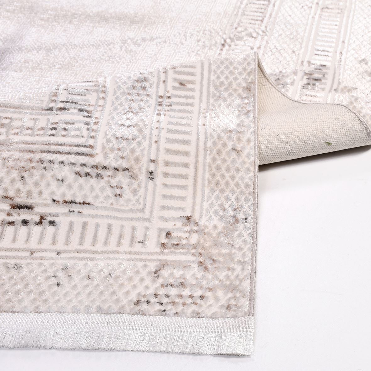 Cream Area Rug - Machine Made Rug With Frame Design | 6mm Pile Polyester Carpet
