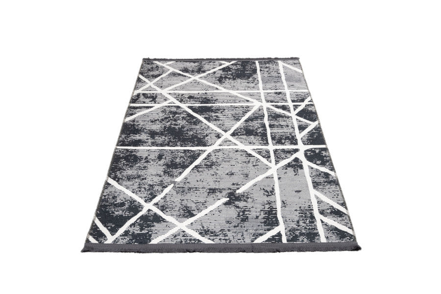 Geometric Area Rug - Black Grey Cotton Chenille Digital Print Carpet for Living Room