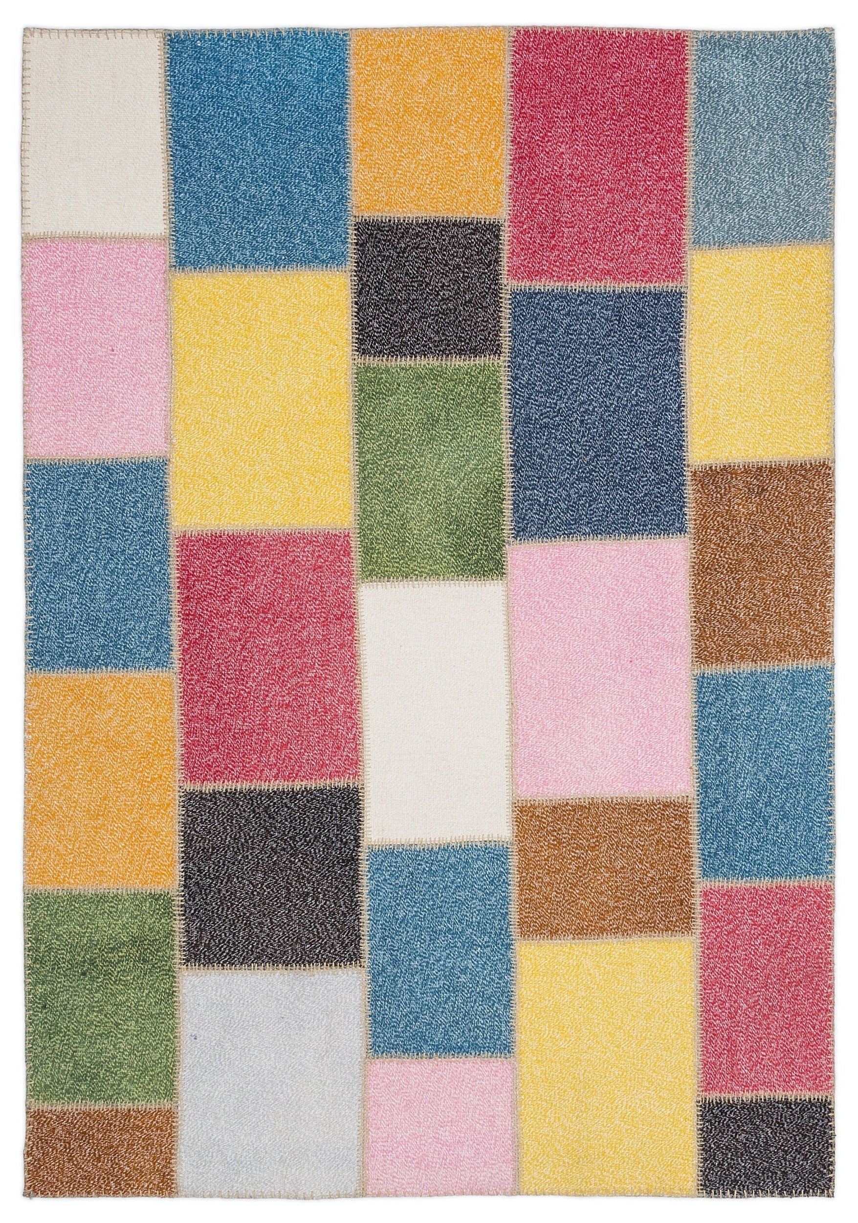 Iskece 2019 Beige Patchwork Wool Handmade Area Rug 5'3" x 7'7"