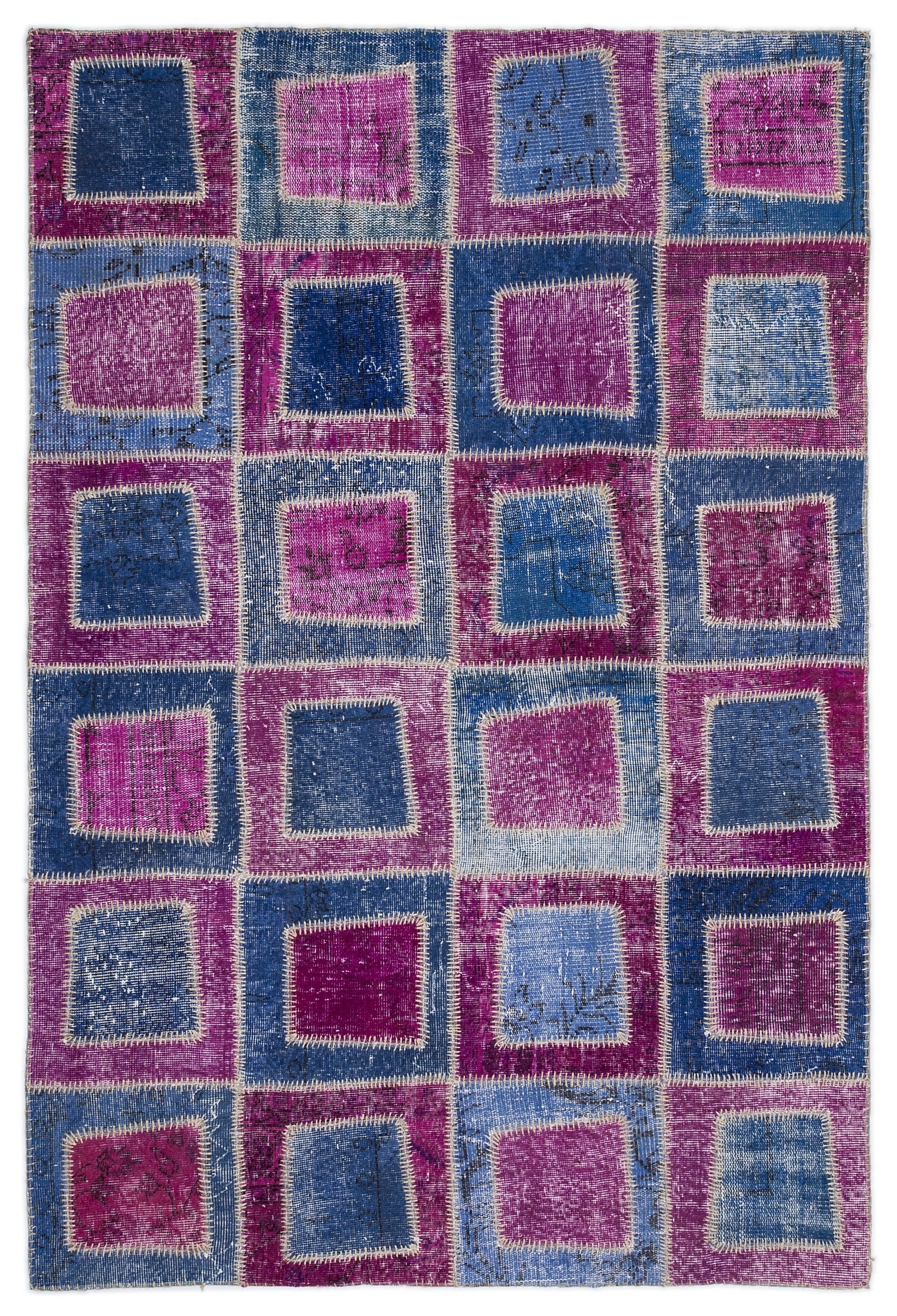 Iskece 2037 Pink Patchwork Wool Handmade Area Rug 5'3" x 7'7"