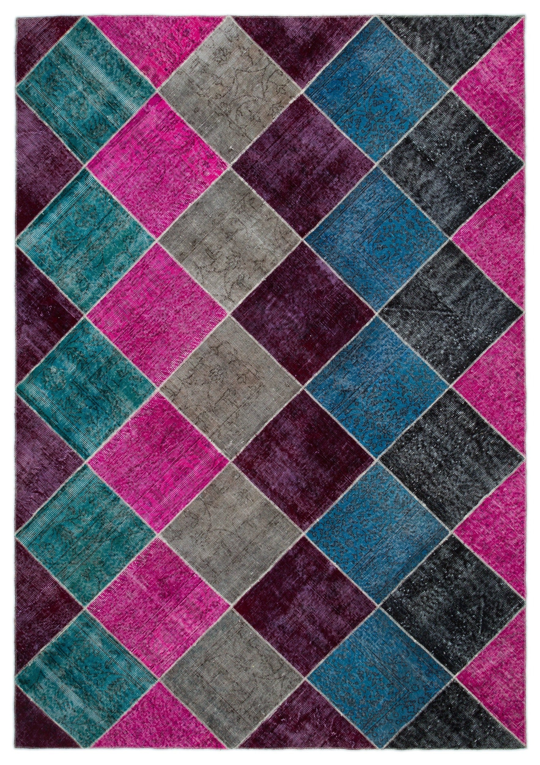 Iskece Beige Patchwork Wool Handmade Area Rug 6'8" x 9'6"