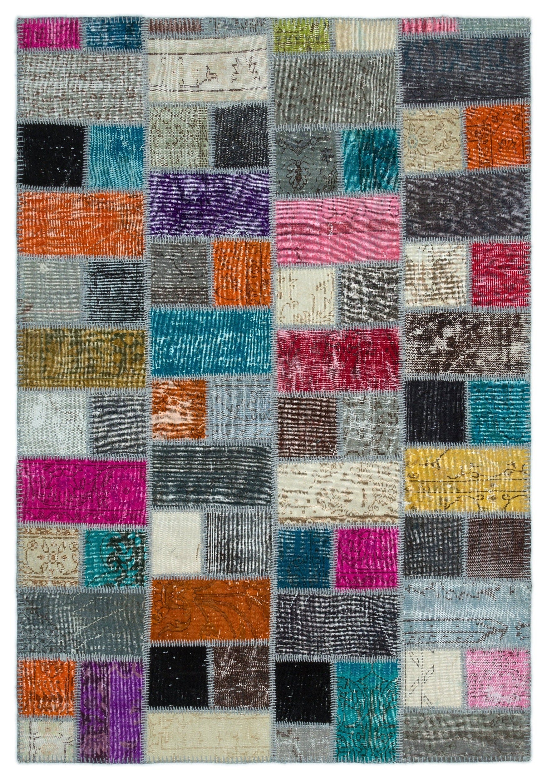 Iskece Beige Patchwork Wool Handmade Area Rug 5'4" x 8'5"