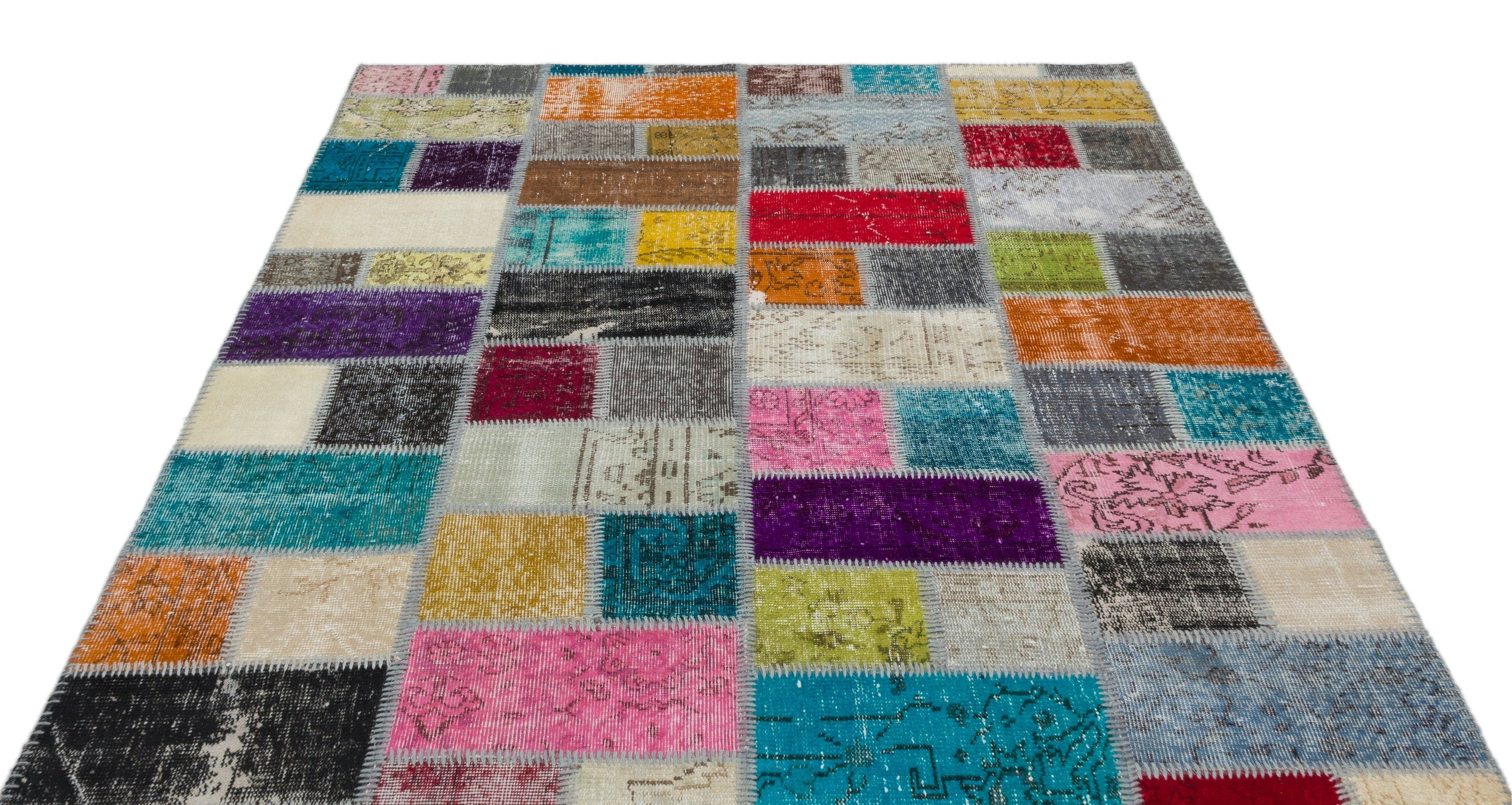 Iskece Beige Patchwork Wool Handmade Area Rug 5'7" x 7'10"
