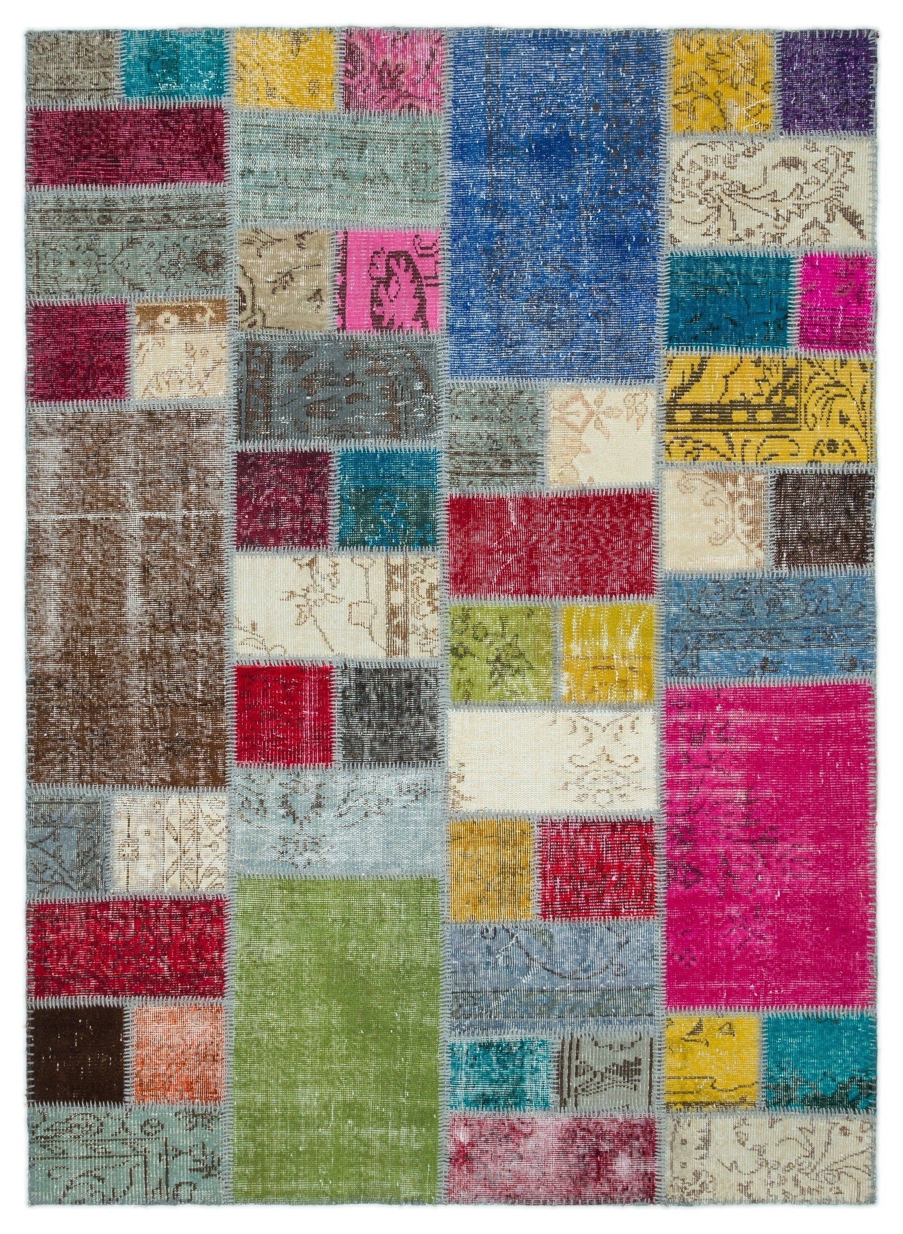 Iskece Beige Patchwork Wool Handmade Area Rug 4'6" x 9'9"