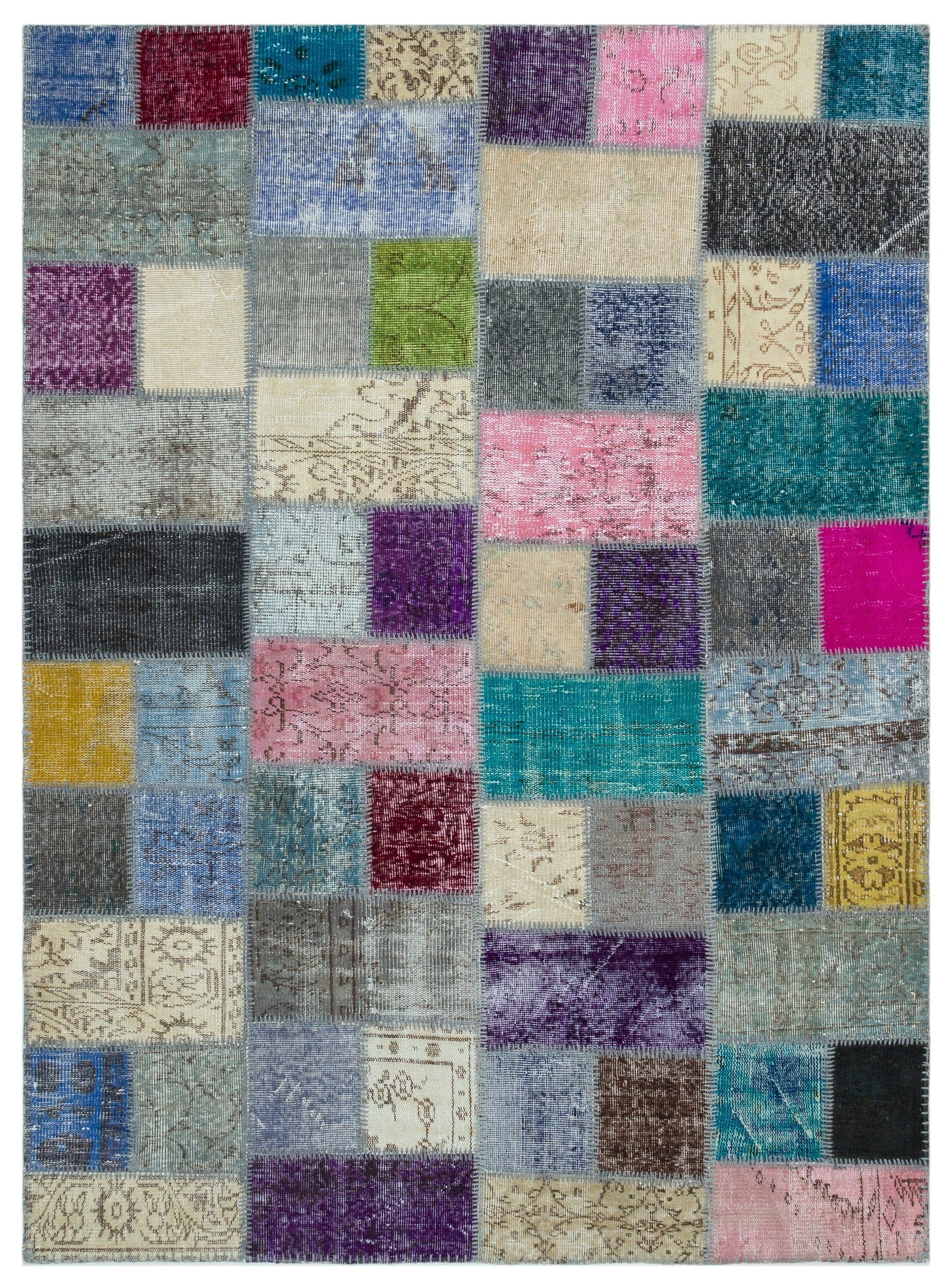 Iskece Beige Patchwork Wool Handmade Area Rug 5'7" x 7'8"