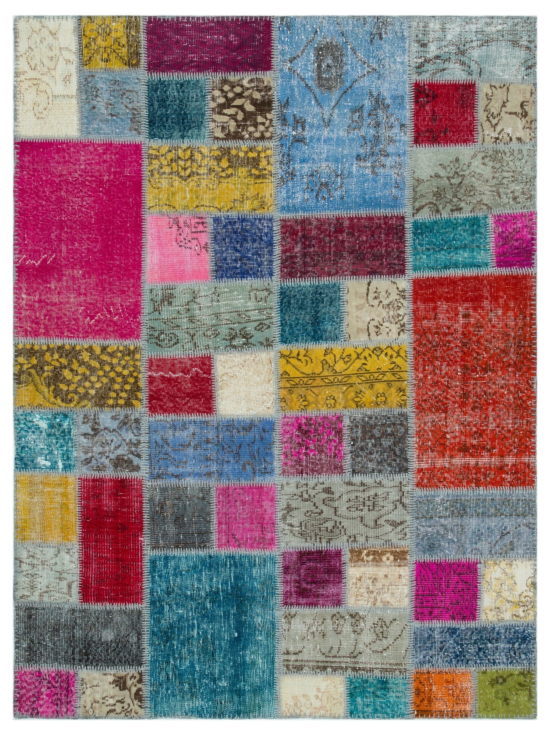 Iskece Beige Patchwork Wool Handmade Area Rug 5'8" x 7'7"
