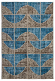 Iskece 2090 Blue Patchwork Wool Handmade Area Rug 5'3" x 7'7"