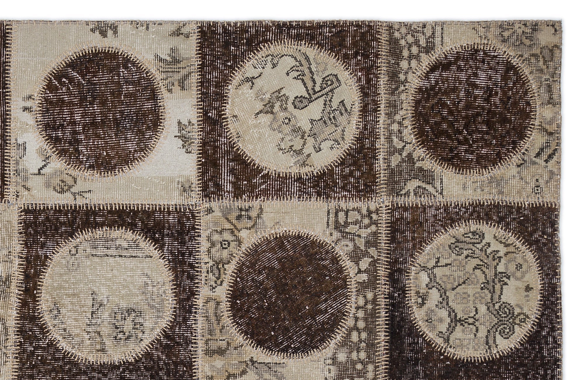 Iskece 2092 Brown Patchwork Wool Handmade Area Rug 5'3" x 7'7"