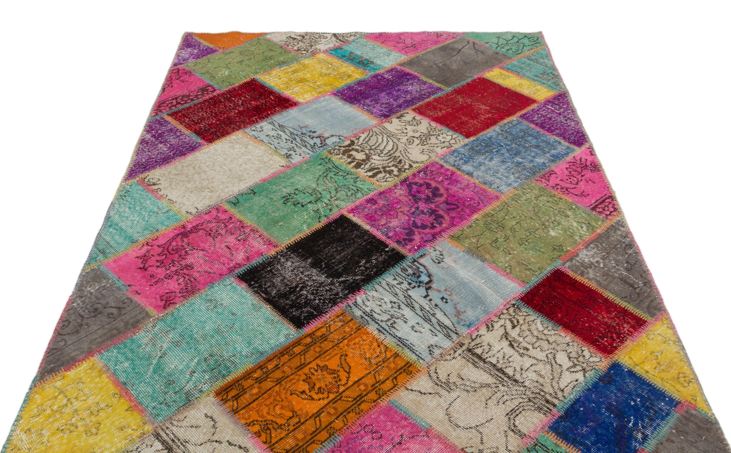 Iskece 20981 Beige Patchwork Wool Handmade Area Rug 5'3" x 7'8"