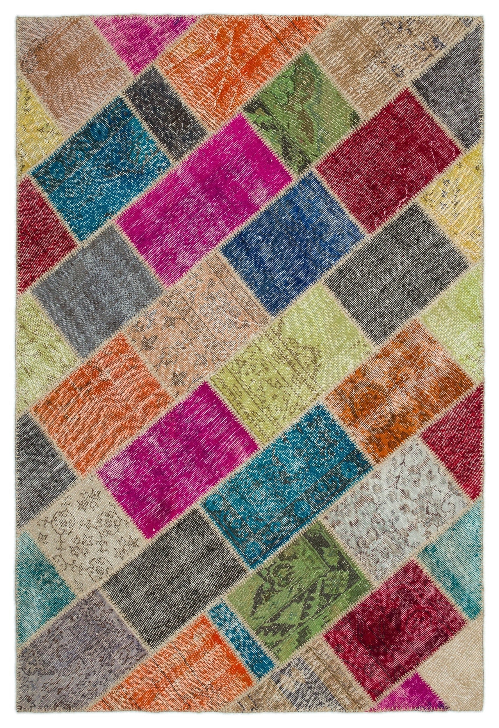 Iskece Beige Patchwork Wool Handmade Area Rug 5'4" x 7'7"