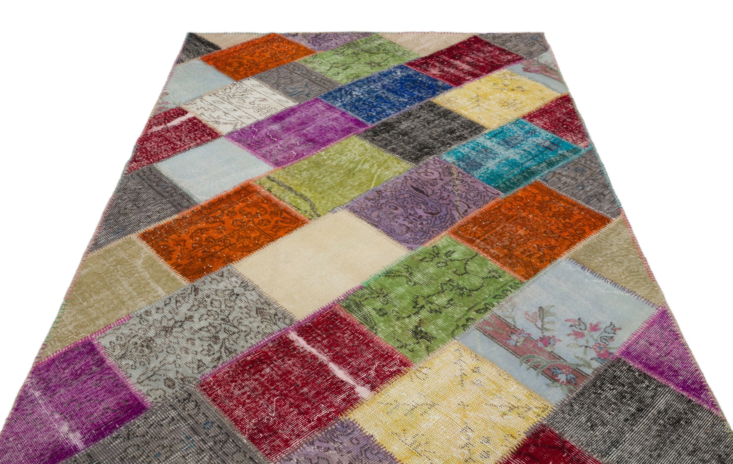Iskece 20993 Beige Patchwork Wool Handmade Area Rug 5'4" x 7'7"