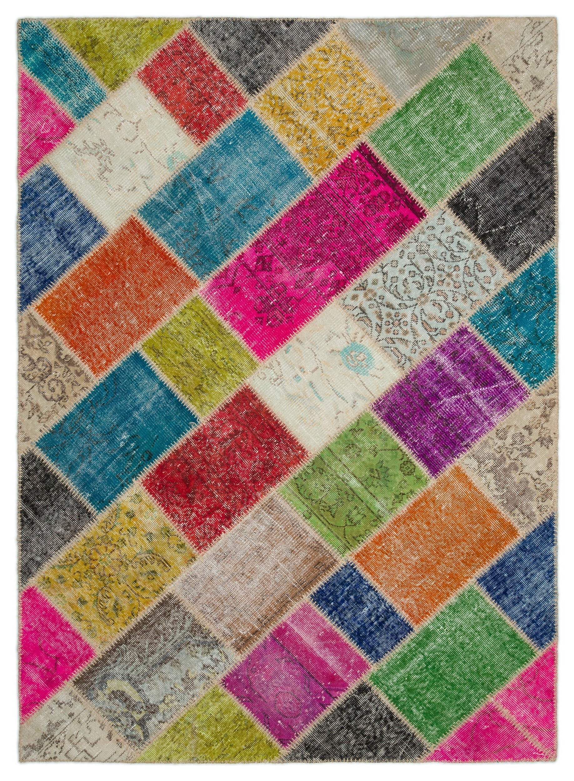Iskece 20996 Beige Patchwork Wool Handmade Area Rug 5'4" x 7'6"
