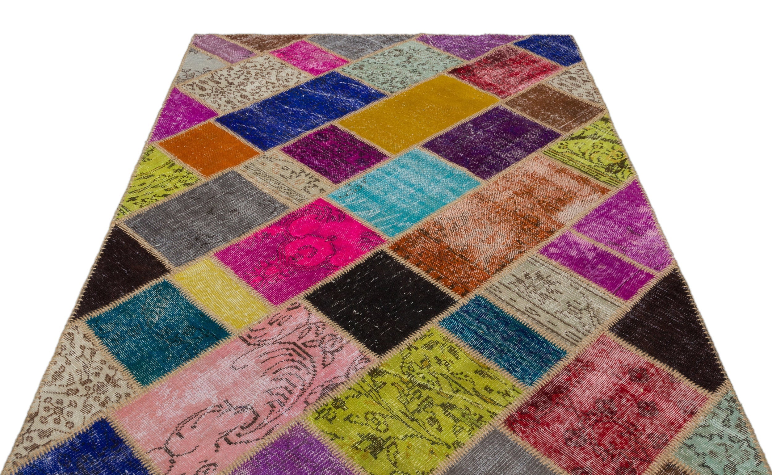 Iskece 21001 Beige Patchwork Wool Handmade Area Rug 5'3" x 7'7"