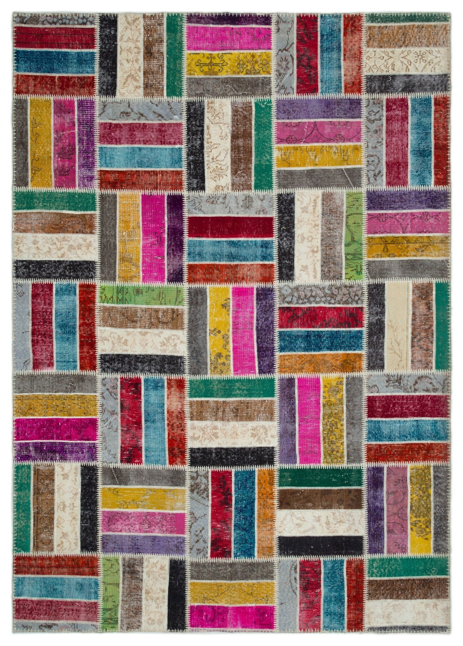 Iskece Beige Patchwork Wool Handmade Area Rug 6'8" x 9'3"