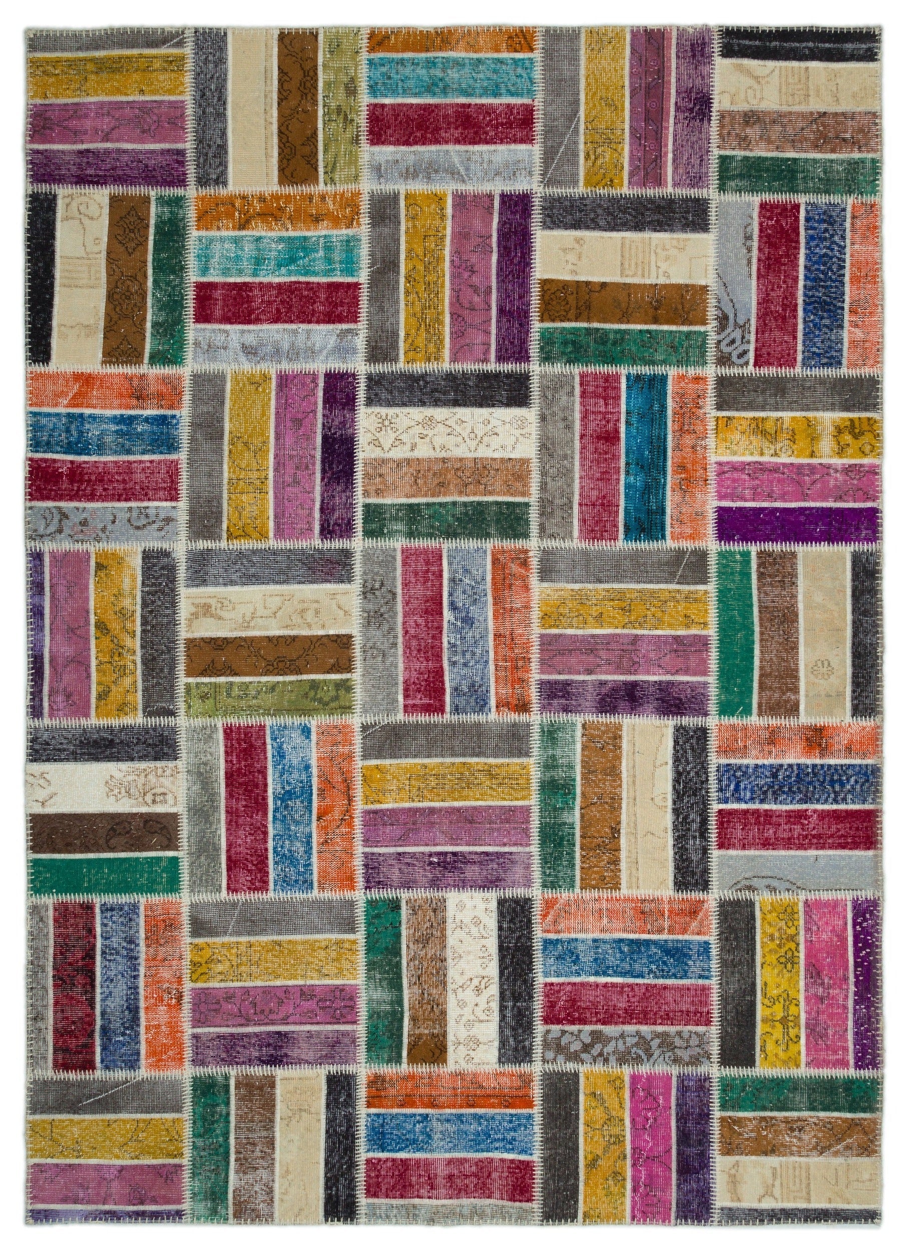 Iskece Beige Patchwork Wool Handmade Area Rug 6'8" x 9'3"