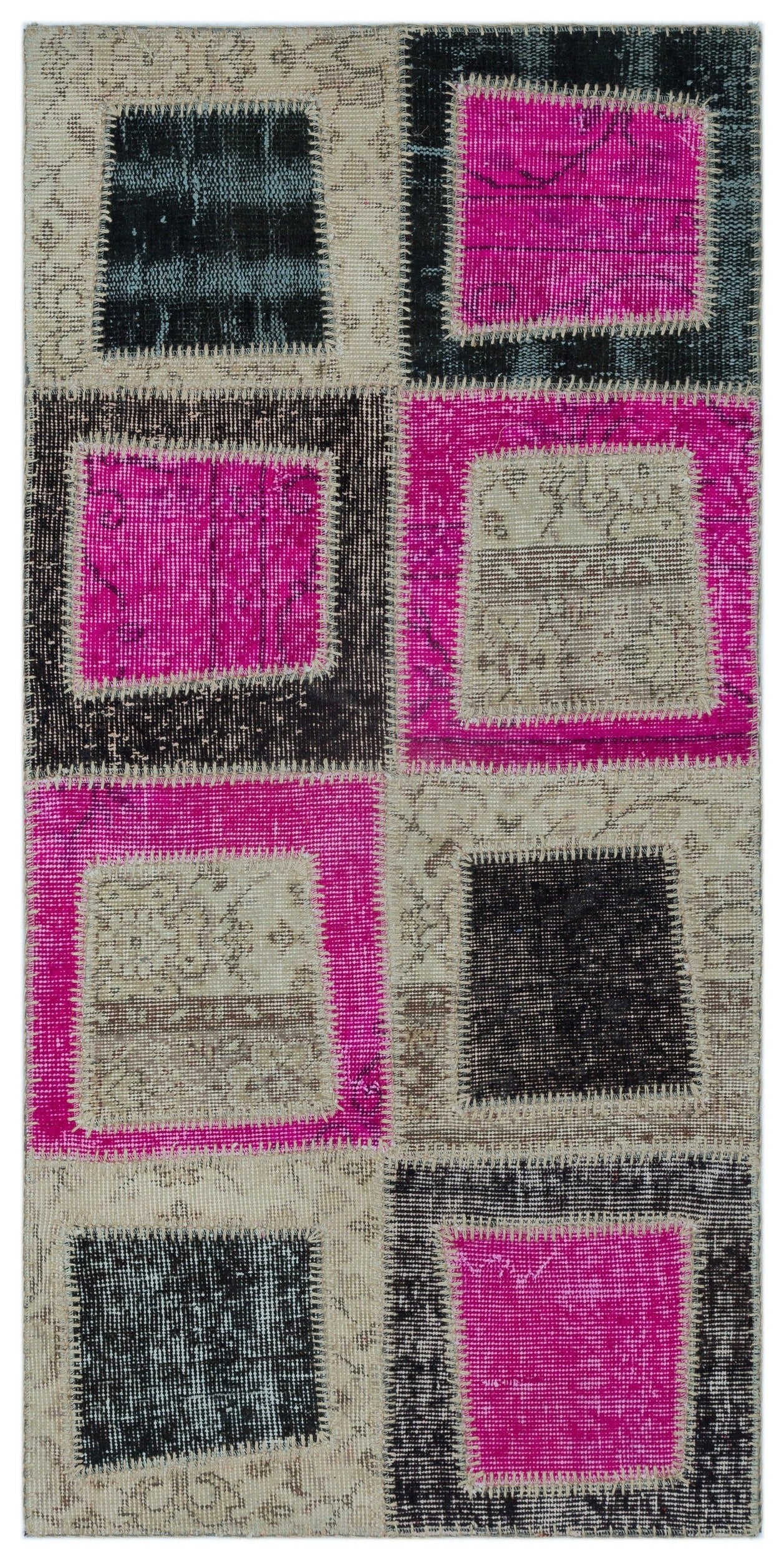 Iskece Beige Patchwork Wool Handmade Area Rug 2'5" x 4'11"