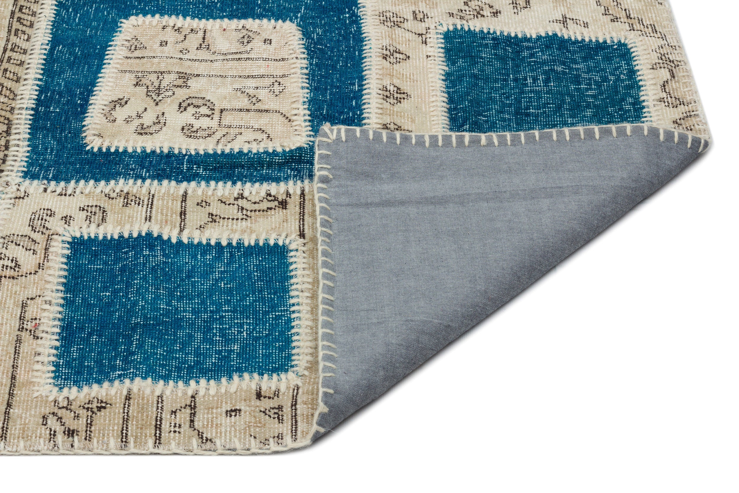 Iskece 21346 Turquoise Patchwork Wool Handmade Area Rug 5'3" x 7'10"