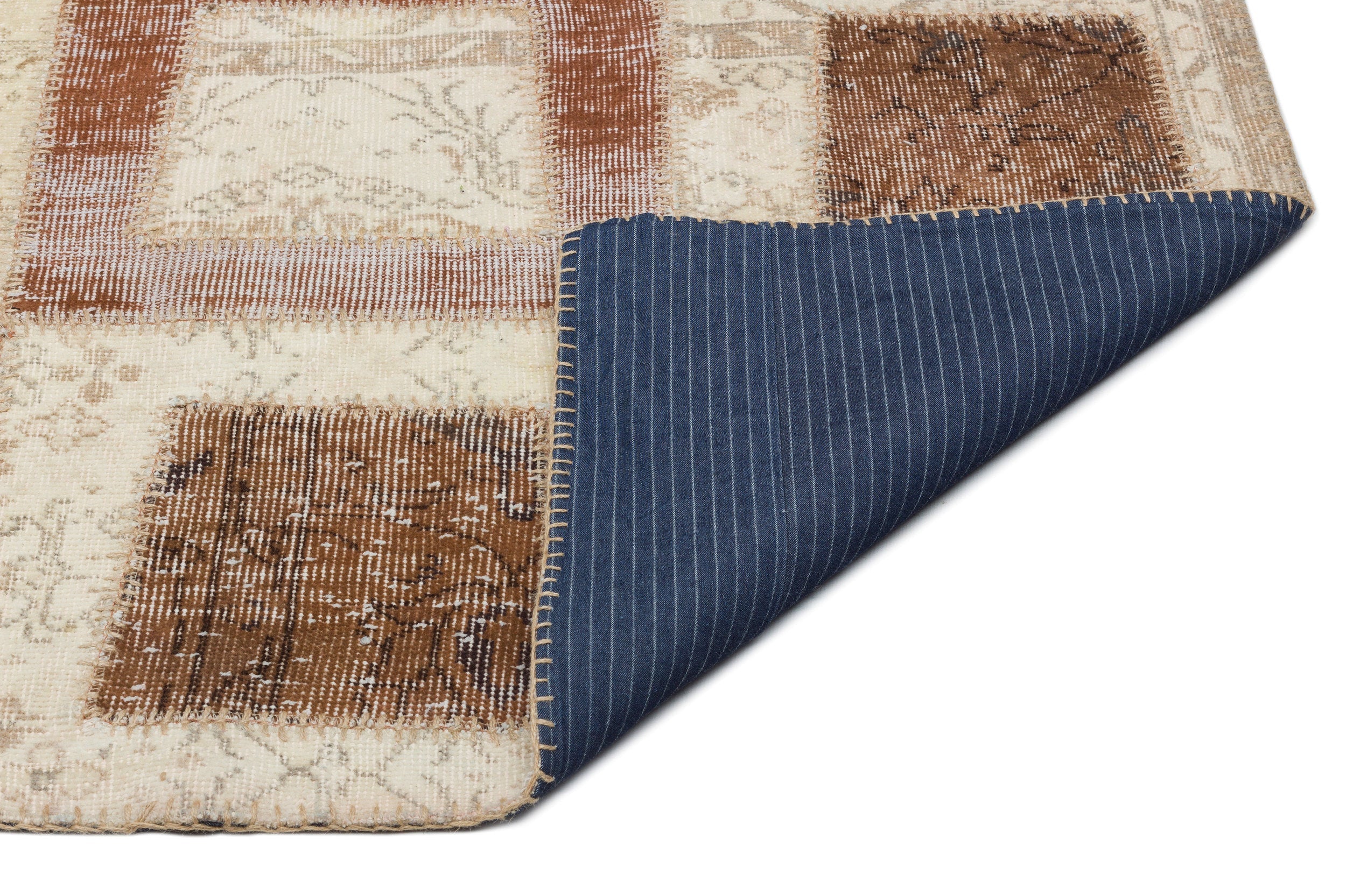 Iskece 21441 Beige Patchwork Wool Handmade Area Rug 5'3" x 7'11"