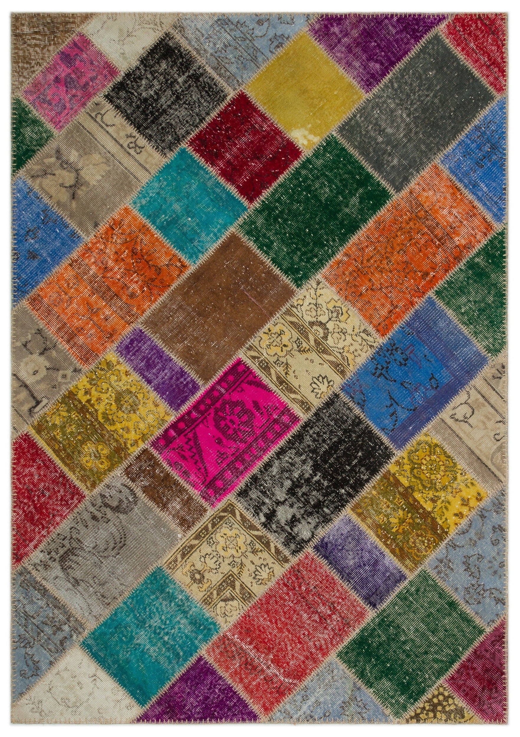 Iskece 21469 Beige Patchwork Wool Handmade Area Rug 5'4" x 7'7"