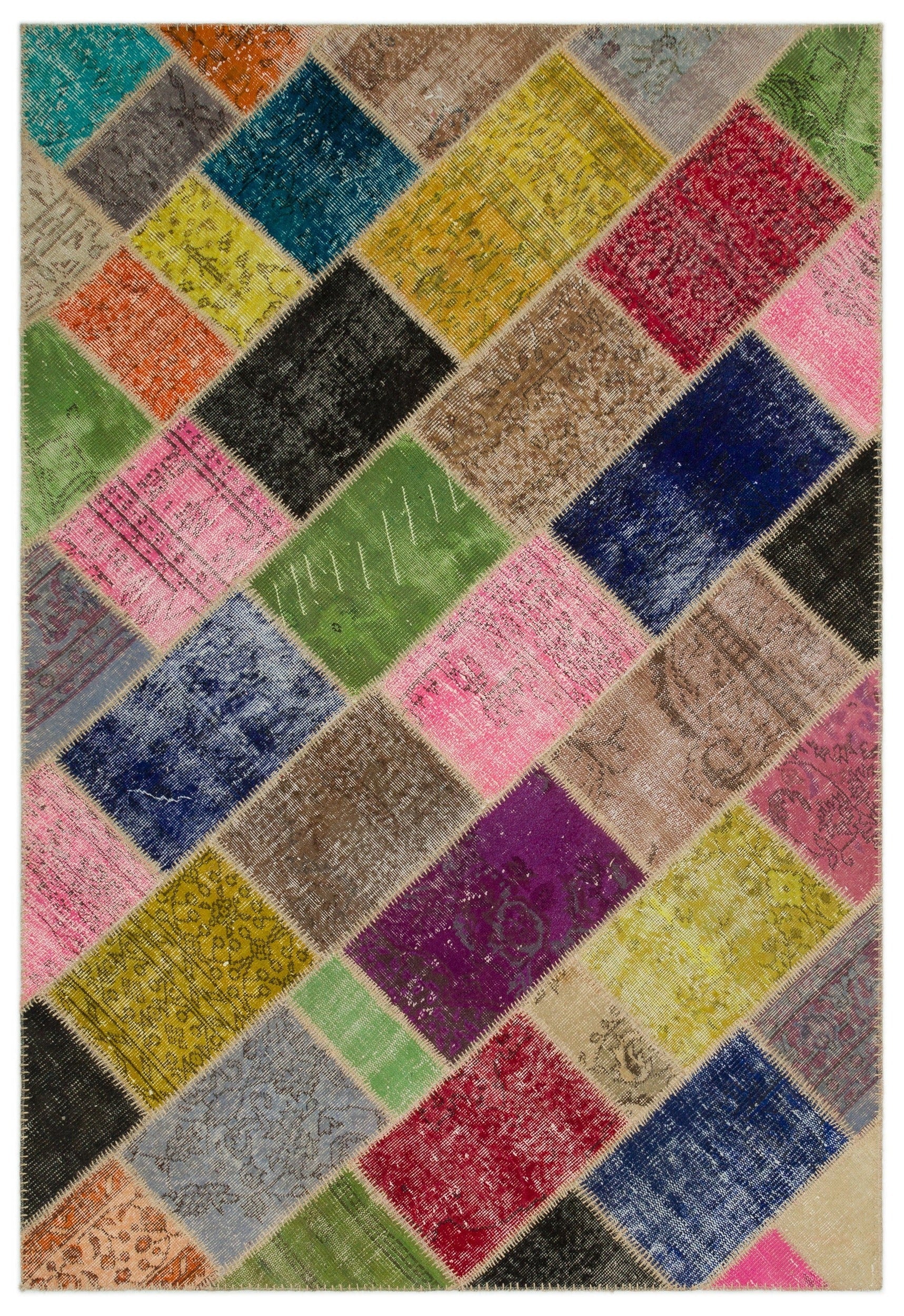 Iskece 21470 Beige Patchwork Wool Handmade Area Rug 5'3" x 7'7"