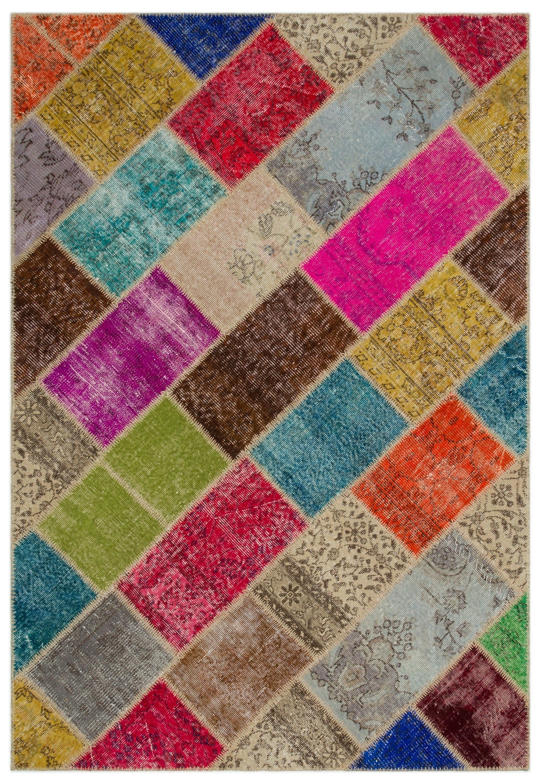 Iskece 21471 Beige Patchwork Wool Handmade Area Rug 5'3" x 7'8"