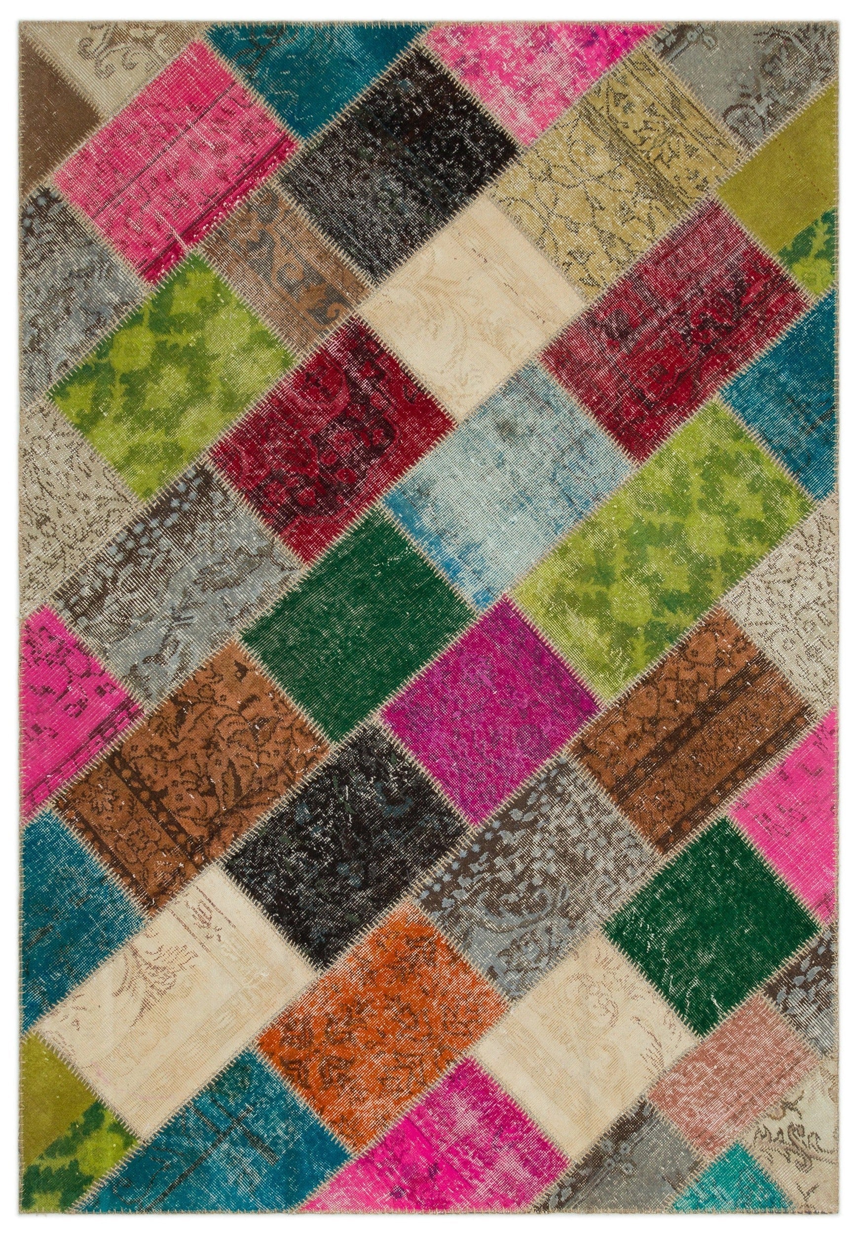 Iskece Beige Patchwork Wool Handmade Area Rug 5'3" x 7'9"