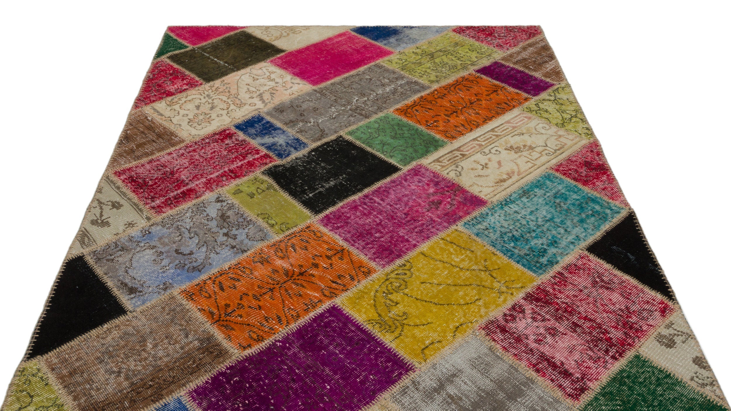 Iskece 21476 Beige Patchwork Wool Handmade Area Rug 5'4" x 7'7"