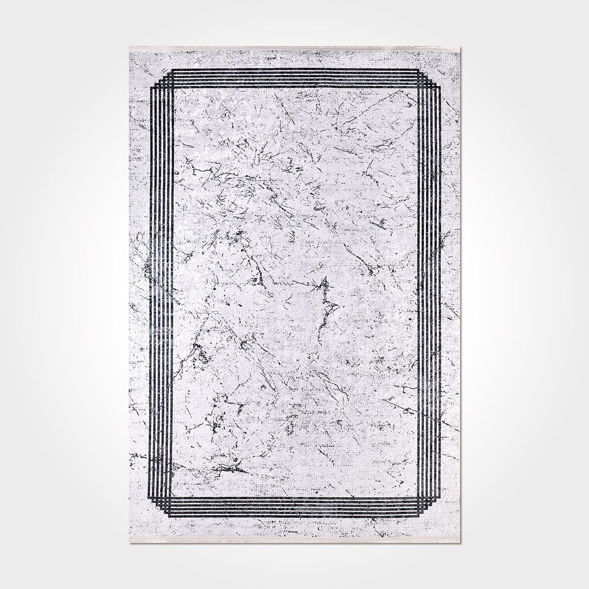 Chenille Cotton Area Rug – Washable Non Slip Grey Frame Carpet with Modern Design