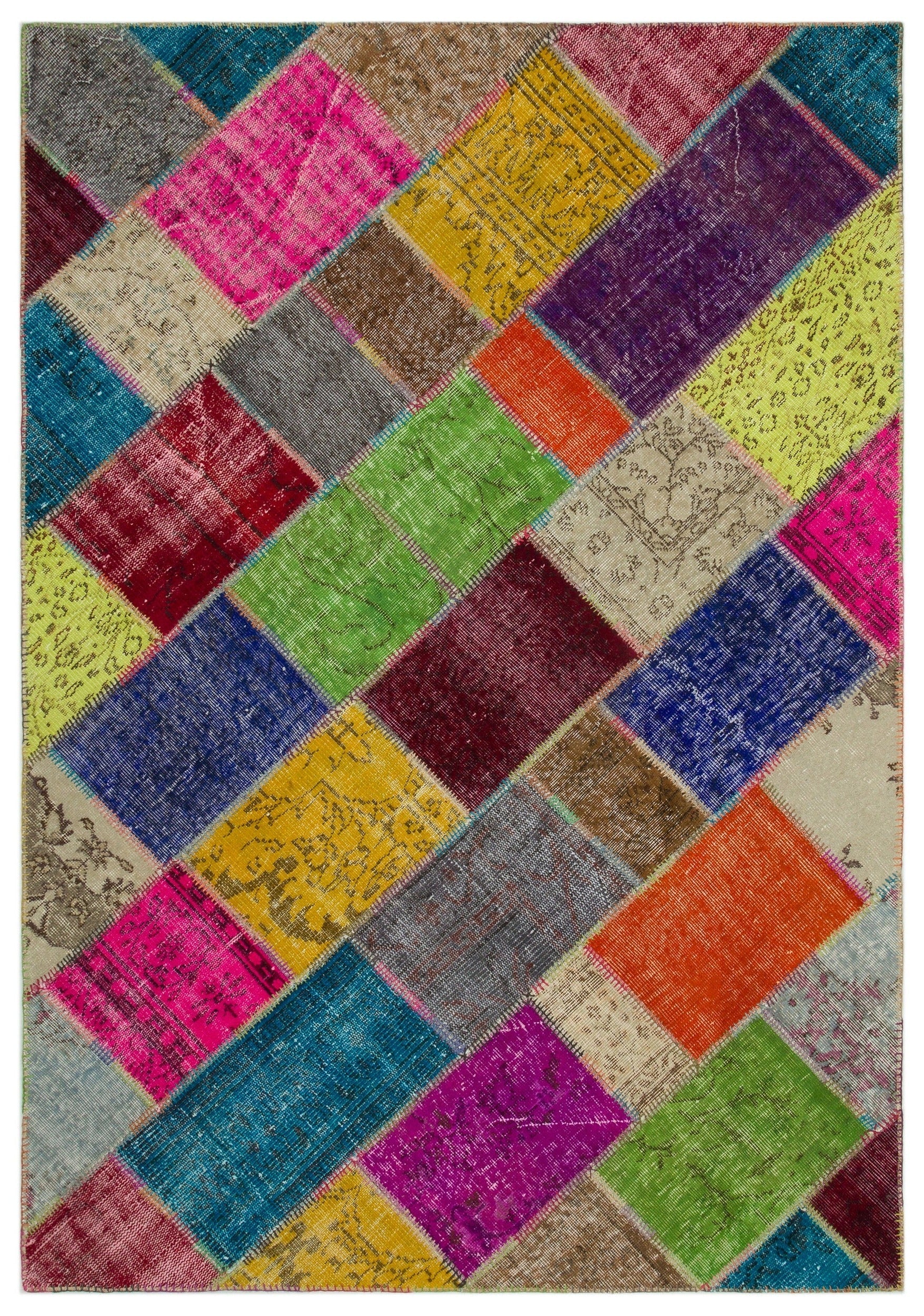 Iskece 21605 Beige Patchwork Wool Handmade Area Rug 5'3" x 7'8"