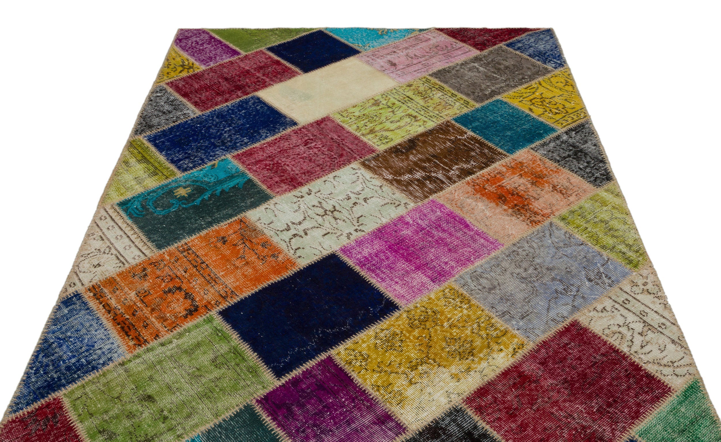 Iskece 21611 Beige Patchwork Wool Handmade Area Rug 5'3" x 7'8"
