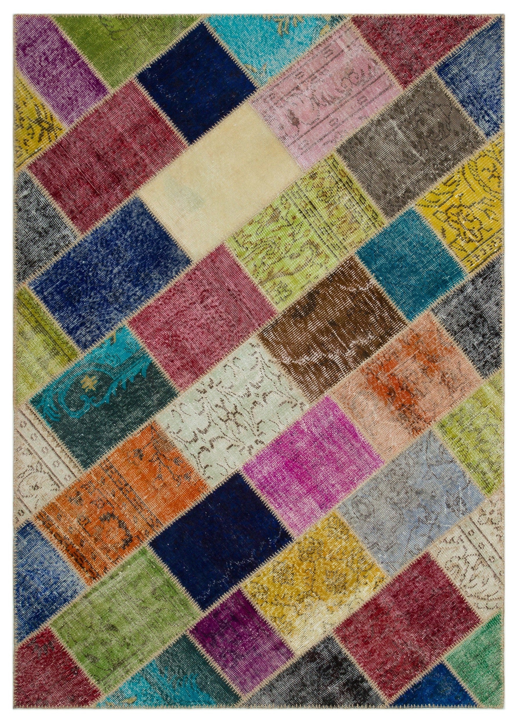 Iskece 21611 Beige Patchwork Wool Handmade Area Rug 5'3" x 7'8"