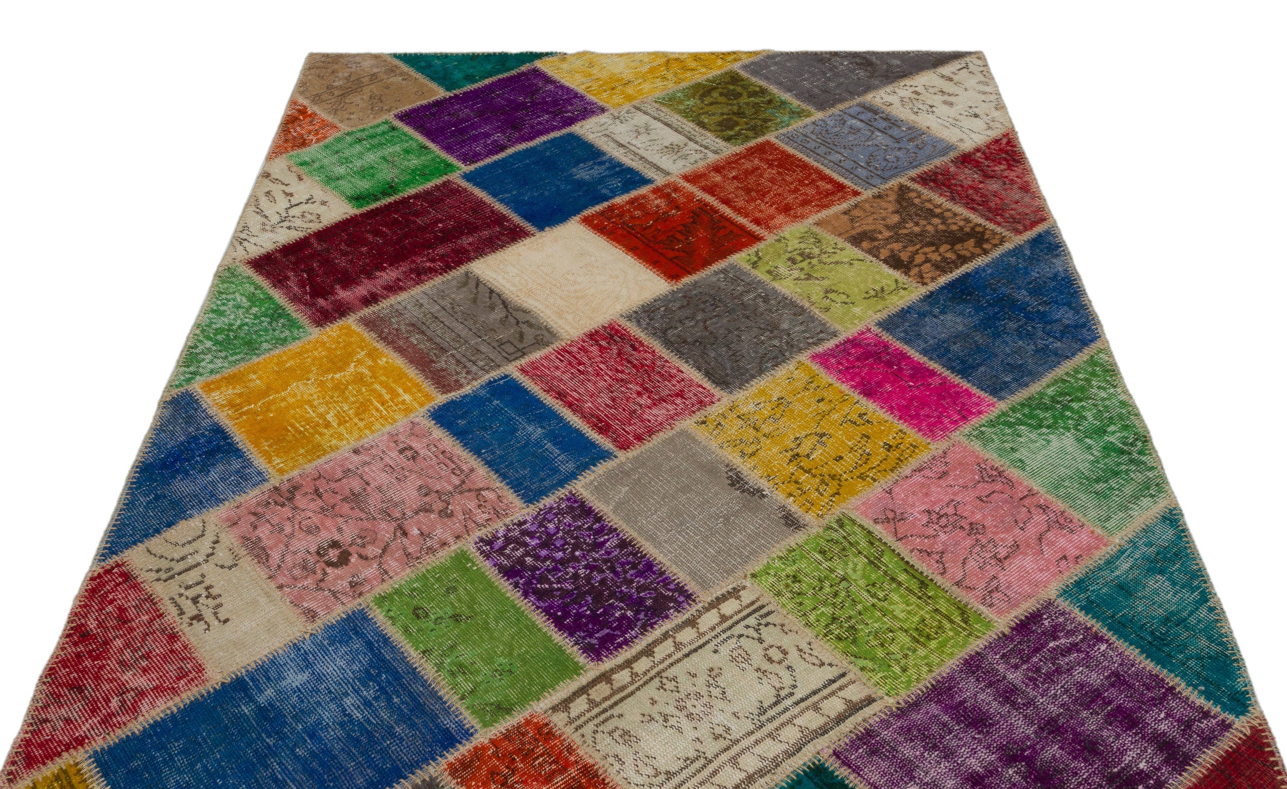Iskece 21620 Beige Patchwork Wool Handmade Area Rug 5'3" x 7'8"