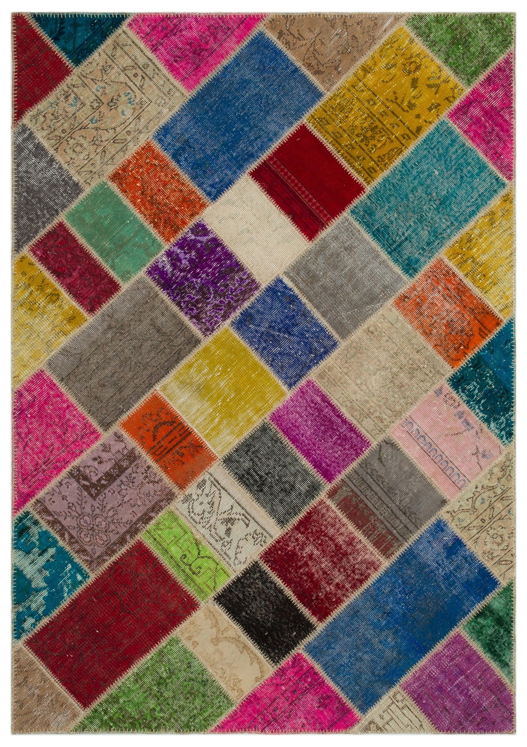 Iskece 21621 Beige Patchwork Wool Handmade Area Rug 5'3" x 7'8"