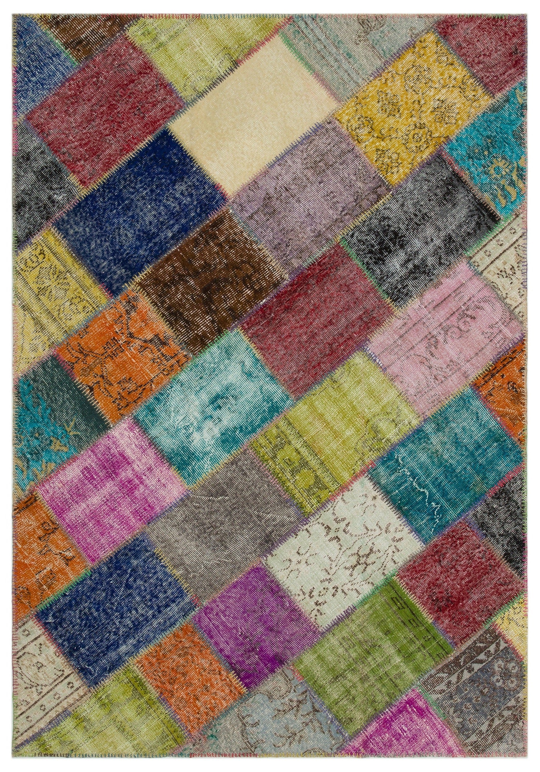 Iskece 21626 Beige Patchwork Wool Handmade Area Rug 5'3" x 7'8"