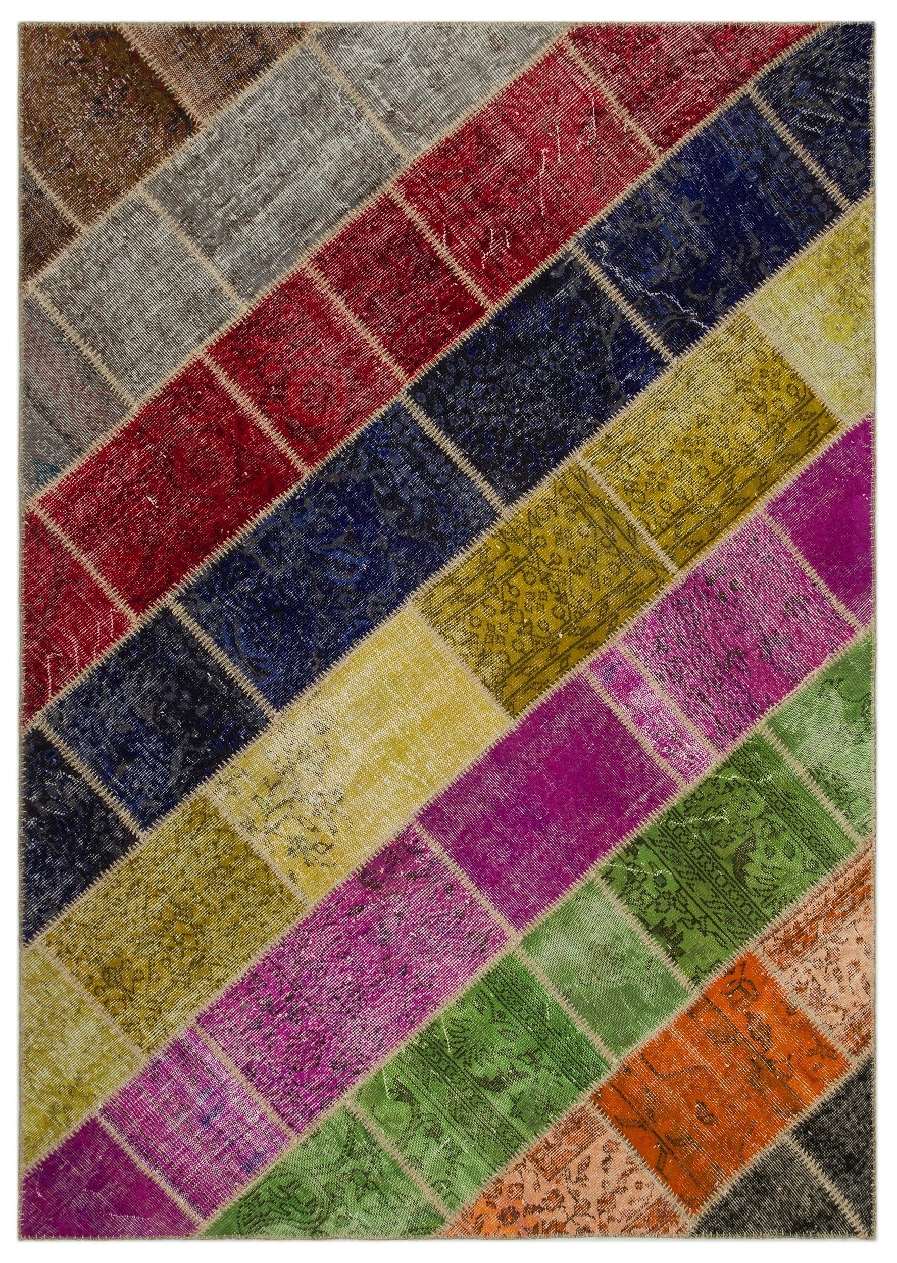 Iskece 21634 Beige Patchwork Wool Handmade Area Rug 5'3" x 7'8"