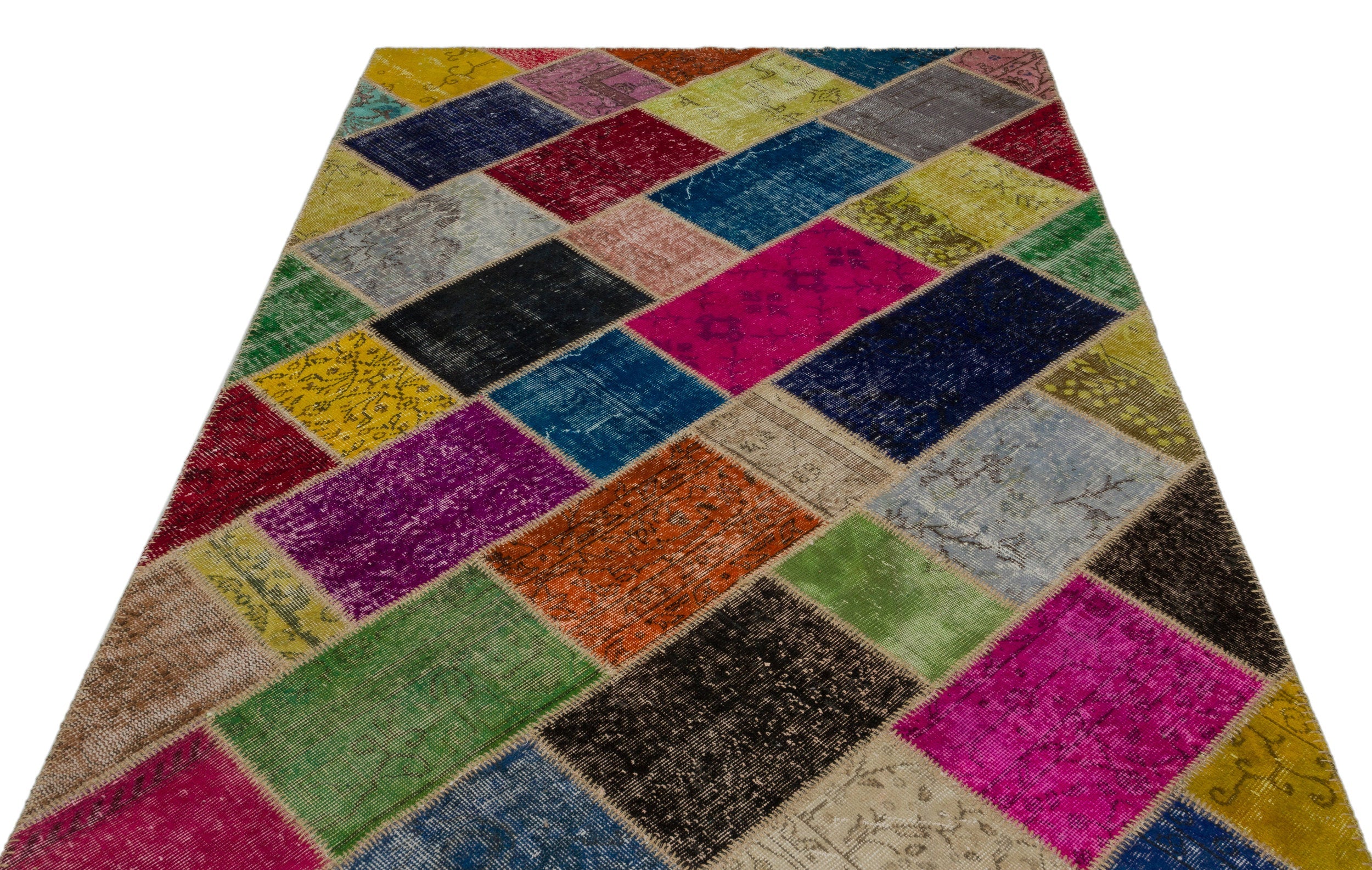 Iskece 21635 Beige Patchwork Wool Handmade Area Rug 5'3" x 7'8"