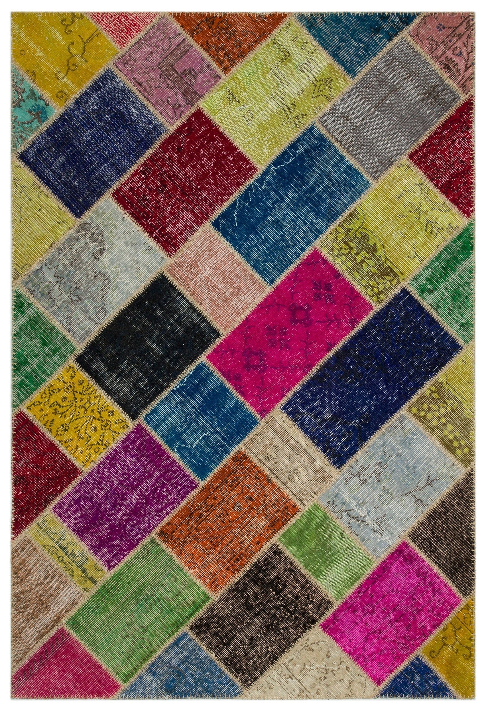 Iskece 21635 Beige Patchwork Wool Handmade Area Rug 5'3" x 7'8"