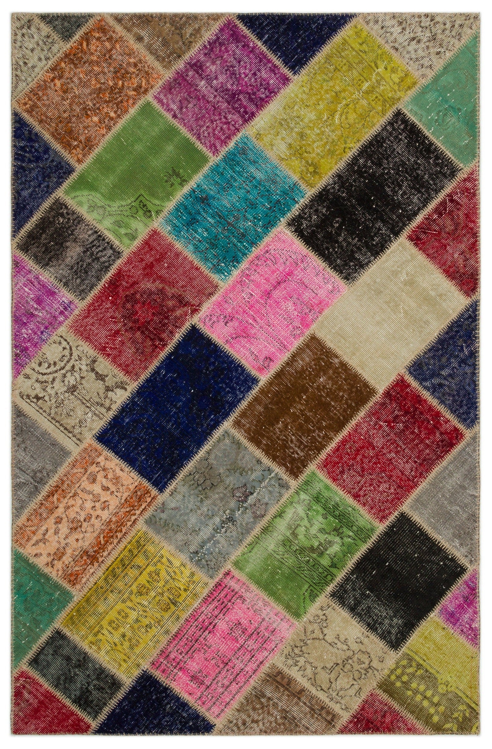 Iskece 21637 Beige Patchwork Wool Handmade Area Rug 5'3" x 7'8"