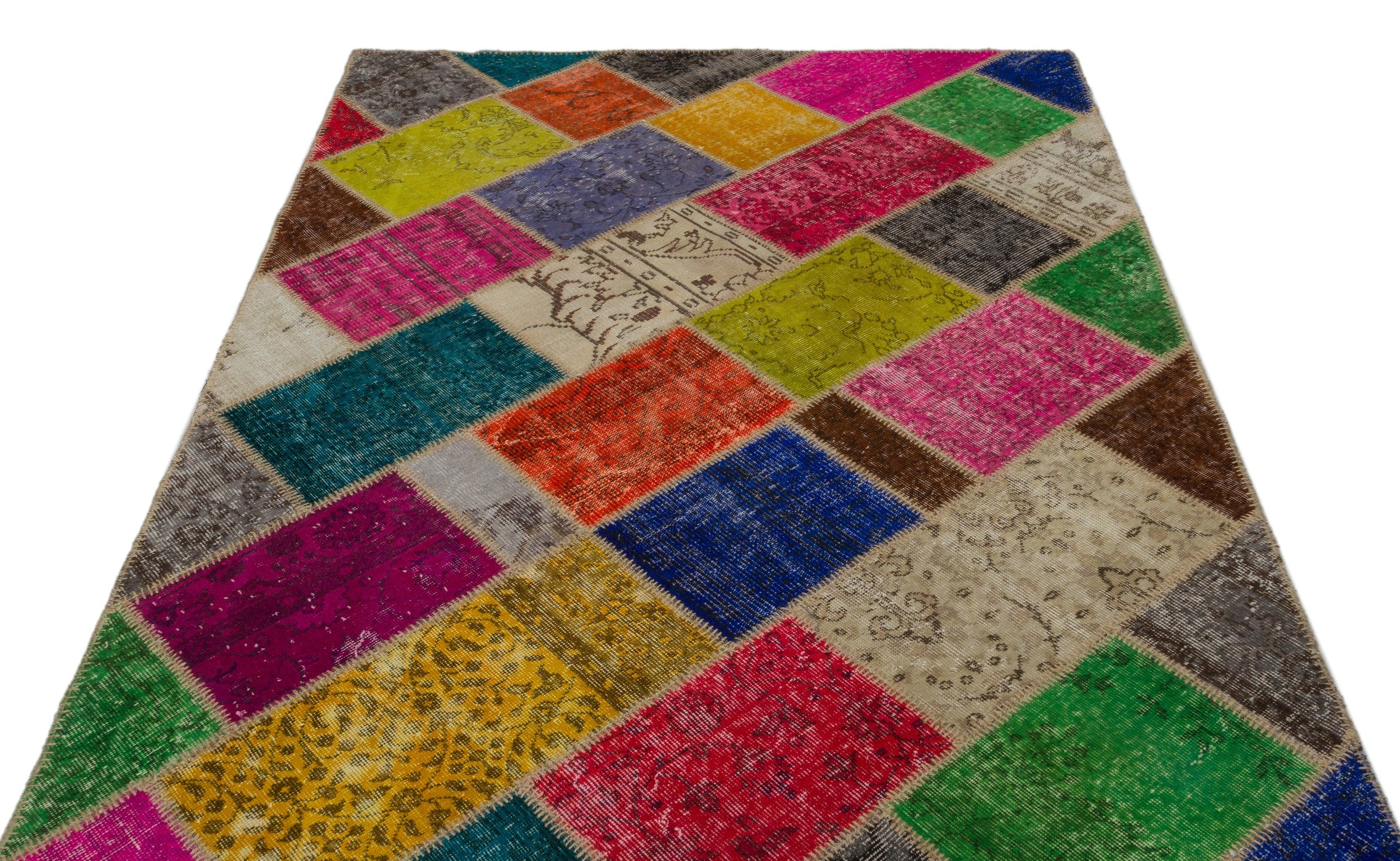 Iskece 21638 Beige Patchwork Wool Handmade Area Rug 5'3" x 7'8"