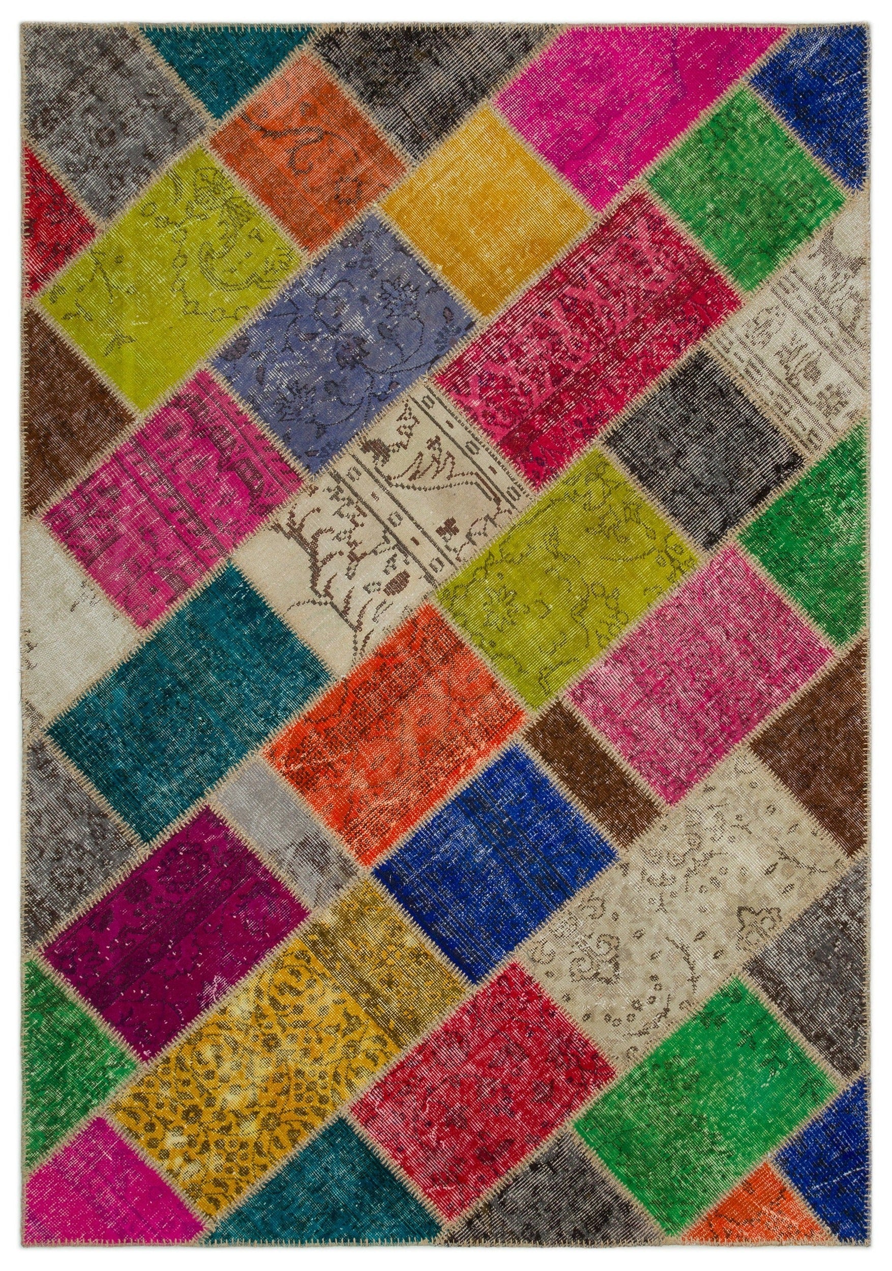 Iskece 21638 Beige Patchwork Wool Handmade Area Rug 5'3" x 7'8"